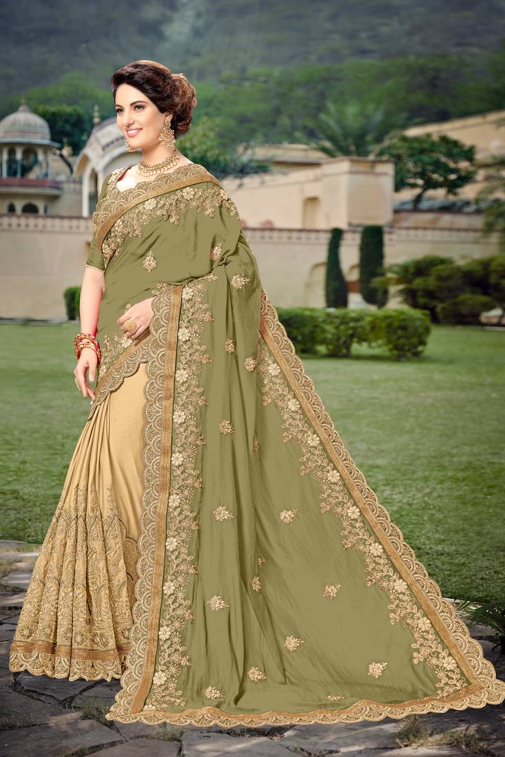 Trendmalls Mehendi  Silk Heavy Embroidery Work Party Wear Saree With Blouse