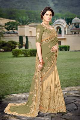 Trendmalls Mehendi  Silk Heavy Embroidery Work Party Wear Saree With Blouse 4