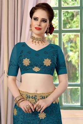 Trendmalls Dark sky blue embroidered net Party Wear Saree With Blouse 6
