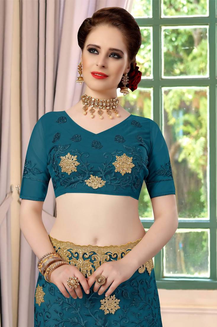 Trendmalls Dark sky blue embroidered net Party Wear Saree With Blouse