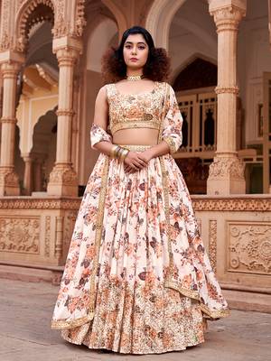 White Floral Printed  Semi-Stitched Lehenga  Choli with Sequence  embroidery Work  With Dupatta 1