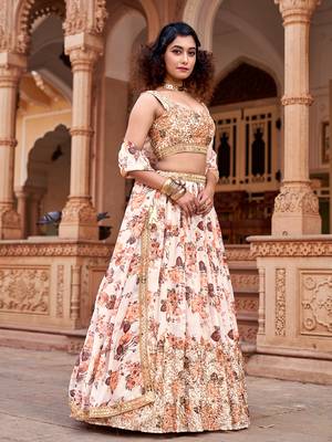 White Floral Printed  Semi-Stitched Lehenga  Choli with Sequence  embroidery Work  With Dupatta 2
