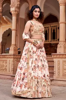 White Floral Printed  Semi-Stitched Lehenga  Choli with Sequence  embroidery Work  With Dupatta
