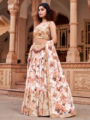 White Floral Printed  Semi-Stitched Lehenga  Choli with Sequence  embroidery Work  With Dupatta 3