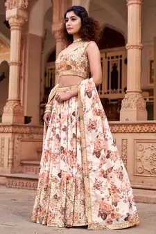 White Floral Printed  Semi-Stitched Lehenga  Choli with Sequence  embroidery Work  With Dupatta