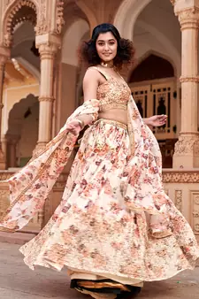 White Floral Printed  Semi-Stitched Lehenga  Choli with Sequence  embroidery Work  With Dupatta