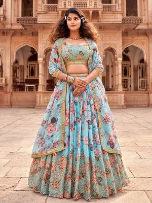 Sea Green Floral Printed  Semi-Stitched Lehenga  Choli with Sequence  embroidery Work  With Dupatta 1