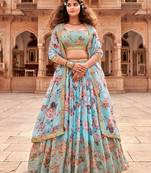 Sea Green Floral Printed  Semi-Stitched Lehenga  Choli with Sequence  embroidery Work  With Dupatta