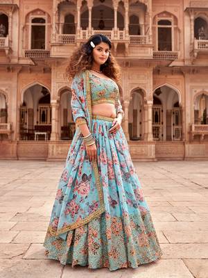 Sea Green Floral Printed  Semi-Stitched Lehenga  Choli with Sequence  embroidery Work  With Dupatta 2