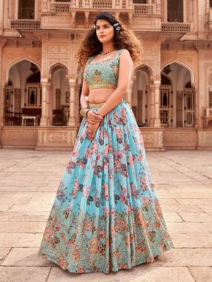 Sea Green Floral Printed  Semi-Stitched Lehenga  Choli with Sequence  embroidery Work  With Dupatta 3