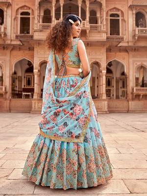 Sea Green Floral Printed  Semi-Stitched Lehenga  Choli with Sequence  embroidery Work  With Dupatta 4