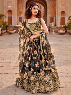 Black Floral Printed  Semi-Stitched Lehenga  Choli with Sequence  embroidery Work  With Dupatta 1