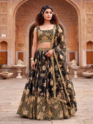 Black Floral Printed  Semi-Stitched Lehenga  Choli with Sequence  embroidery Work  With Dupatta 2