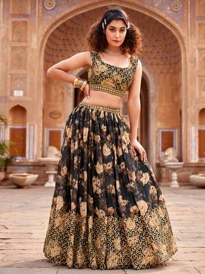 Black Floral Printed  Semi-Stitched Lehenga  Choli with Sequence  embroidery Work  With Dupatta 3