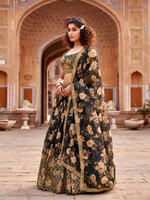 Black Floral Printed  Semi-Stitched Lehenga  Choli with Sequence  embroidery Work  With Dupatta 4