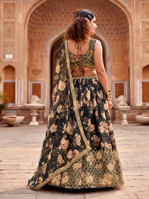 Black Floral Printed  Semi-Stitched Lehenga  Choli with Sequence  embroidery Work  With Dupatta 5