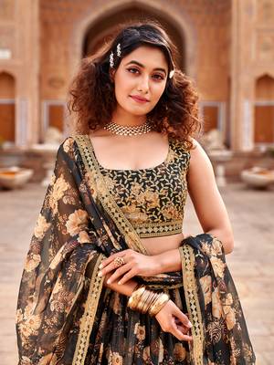 Black Floral Printed  Semi-Stitched Lehenga  Choli with Sequence  embroidery Work  With Dupatta 6