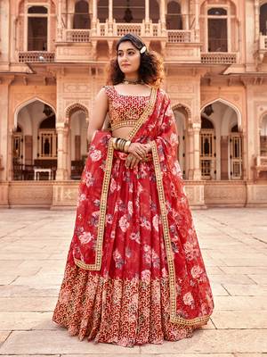 Red  Floral Printed  Semi-Stitched Lehenga  Choli with Sequence  embroidery Work  With Dupatta 1