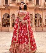 Red  Floral Printed  Semi-Stitched Lehenga  Choli with Sequence  embroidery Work  With Dupatta