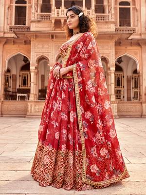 Red  Floral Printed  Semi-Stitched Lehenga  Choli with Sequence  embroidery Work  With Dupatta 2