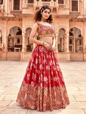 Red  Floral Printed  Semi-Stitched Lehenga  Choli with Sequence  embroidery Work  With Dupatta 3