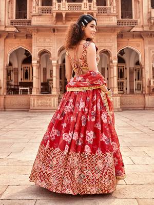 Red  Floral Printed  Semi-Stitched Lehenga  Choli with Sequence  embroidery Work  With Dupatta 4