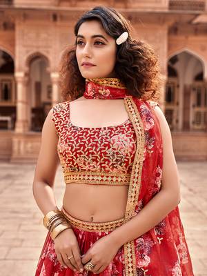 Red  Floral Printed  Semi-Stitched Lehenga  Choli with Sequence  embroidery Work  With Dupatta 5