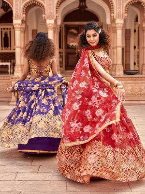 Red  Floral Printed  Semi-Stitched Lehenga  Choli with Sequence  embroidery Work  With Dupatta 6