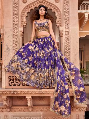 Purple  Floral Printed  Semi-Stitched Lehenga  Choli with Sequence  embroidery Work  With Dupatta 1