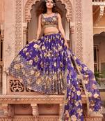 Purple  Floral Printed  Semi-Stitched Lehenga  Choli with Sequence  embroidery Work  With Dupatta