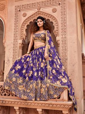 Purple  Floral Printed  Semi-Stitched Lehenga  Choli with Sequence  embroidery Work  With Dupatta 2