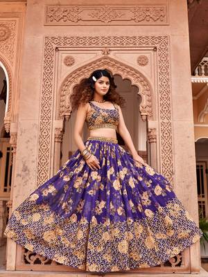 Purple  Floral Printed  Semi-Stitched Lehenga  Choli with Sequence  embroidery Work  With Dupatta 3