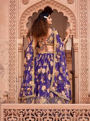 Purple  Floral Printed  Semi-Stitched Lehenga  Choli with Sequence  embroidery Work  With Dupatta 4