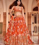 Orange Floral Printed  Semi-Stitched Lehenga  Choli with Sequence  embroidery Work  With Dupatta