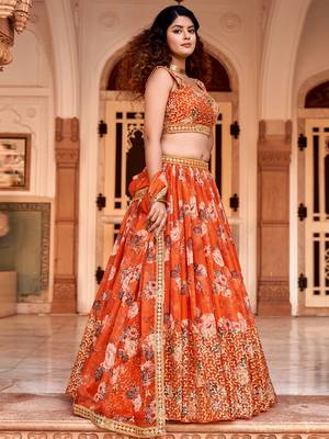Orange Floral Printed  Semi-Stitched Lehenga  Choli with Sequence  embroidery Work  With Dupatta 2