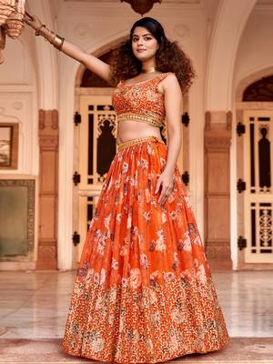 Orange Floral Printed  Semi-Stitched Lehenga  Choli with Sequence  embroidery Work  With Dupatta 3