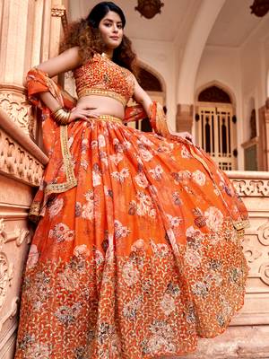 Orange Floral Printed  Semi-Stitched Lehenga  Choli with Sequence  embroidery Work  With Dupatta 4