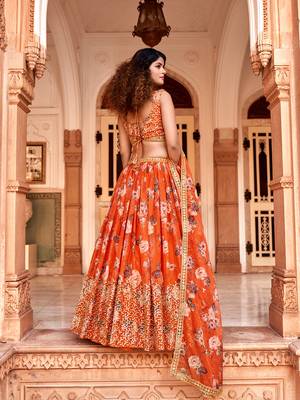 Orange Floral Printed  Semi-Stitched Lehenga  Choli with Sequence  embroidery Work  With Dupatta 5