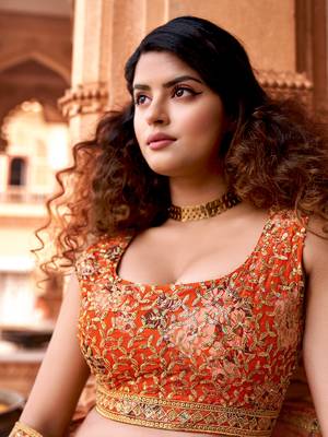 Orange Floral Printed  Semi-Stitched Lehenga  Choli with Sequence  embroidery Work  With Dupatta 6
