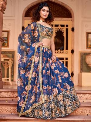 Blue Floral Printed  Semi-Stitched Lehenga  Choli with Sequence  embroidery Work  With Dupatta 2