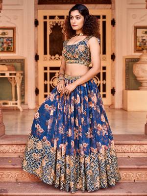 Blue Floral Printed  Semi-Stitched Lehenga  Choli with Sequence  embroidery Work  With Dupatta 3