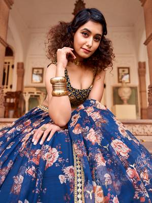 Blue Floral Printed  Semi-Stitched Lehenga  Choli with Sequence  embroidery Work  With Dupatta 4