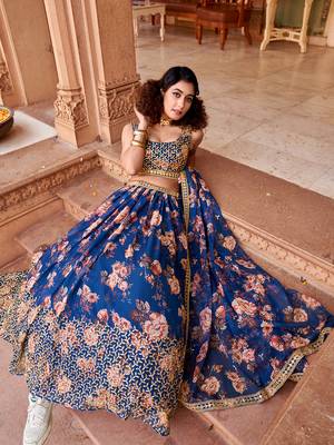 Blue Floral Printed  Semi-Stitched Lehenga  Choli with Sequence  embroidery Work  With Dupatta 5