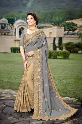 Trendmalls Grey  Silk Heavy Embroidery Work Party Wear Saree With Blouse 1