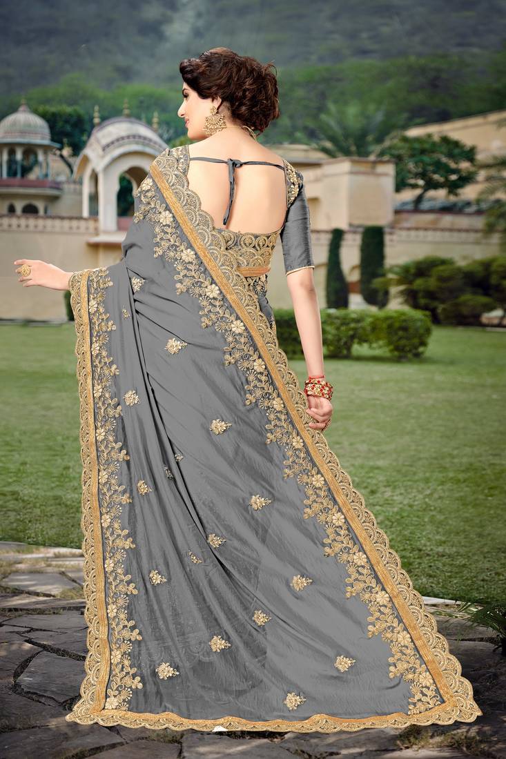 Trendmalls Grey  Silk Heavy Embroidery Work Party Wear Saree With Blouse
