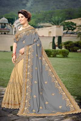 Trendmalls Grey  Silk Heavy Embroidery Work Party Wear Saree With Blouse 3
