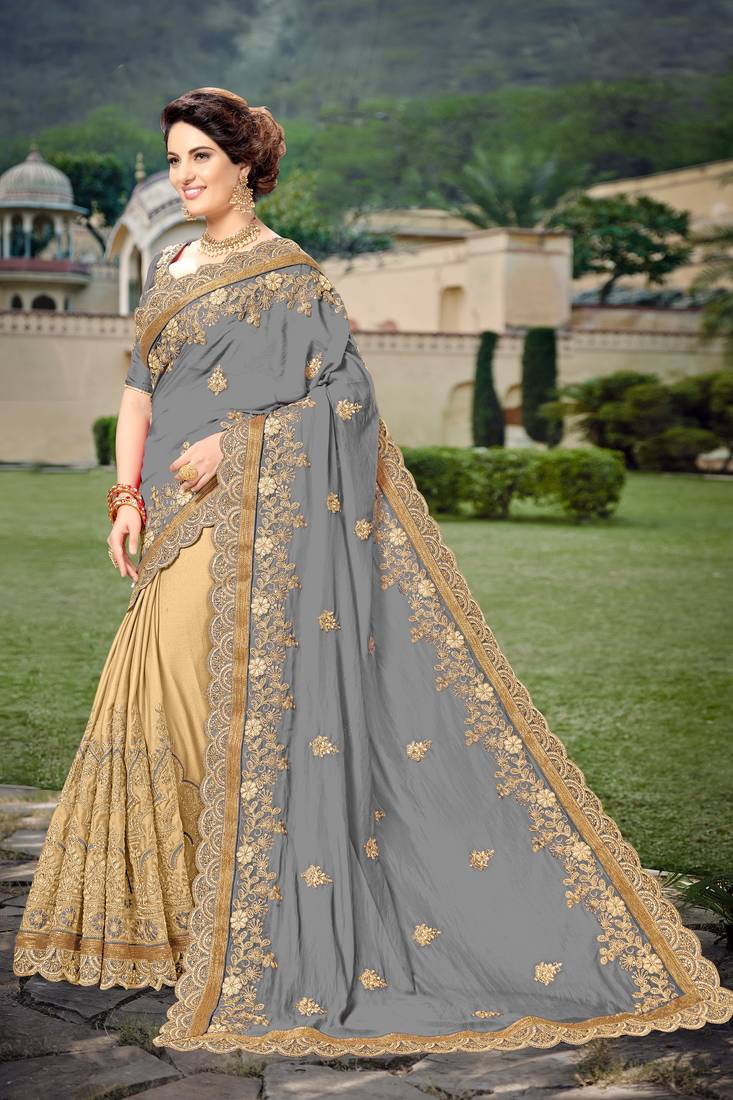Trendmalls Grey  Silk Heavy Embroidery Work Party Wear Saree With Blouse