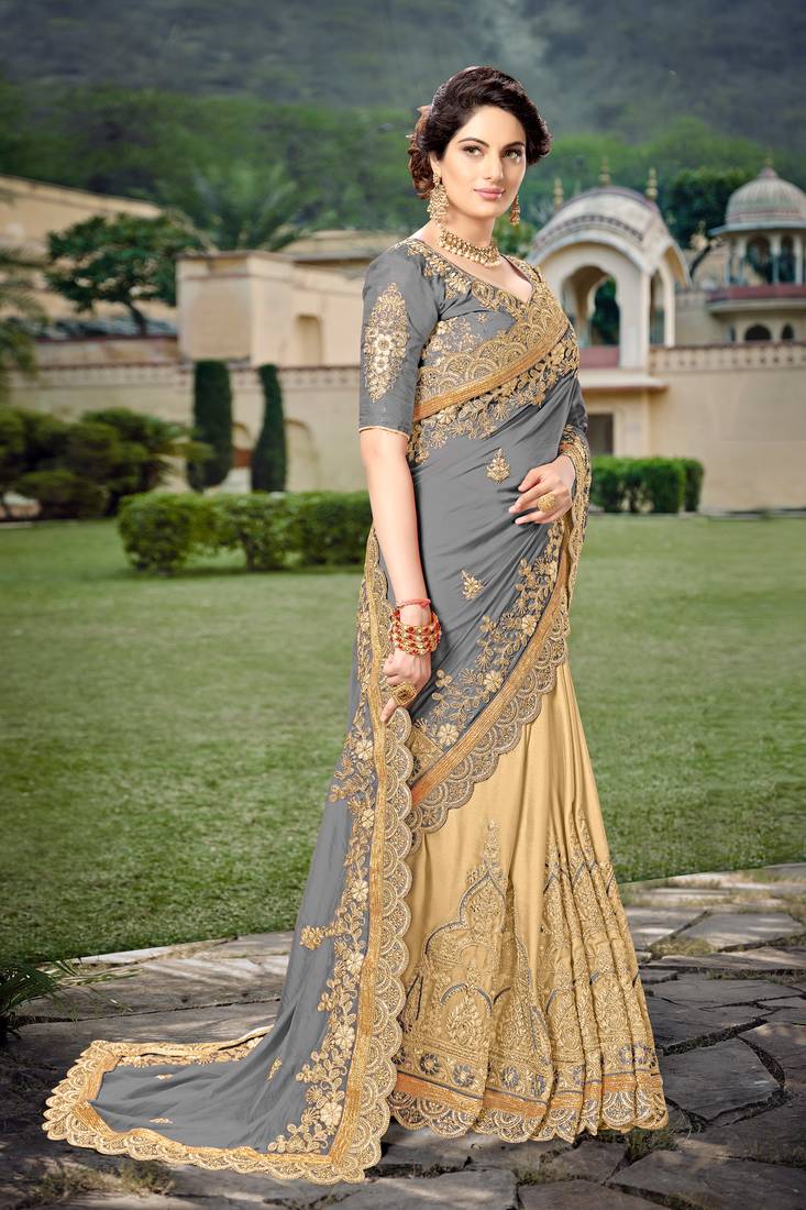 Trendmalls Grey  Silk Heavy Embroidery Work Party Wear Saree With Blouse