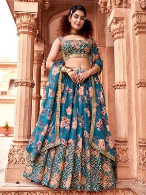 Teal Blue Floral Printed  Semi-Stitched Lehenga  Choli with Sequence  embroidery Work  With Dupatta 1