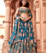 Teal Blue Floral Printed  Semi-Stitched Lehenga  Choli with Sequence  embroidery Work  With Dupatta